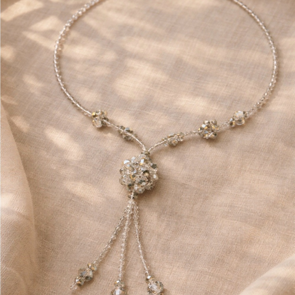 Crystal Lariat Necklace Cool Champagne Beads Handmade Tassel Elegant Evening